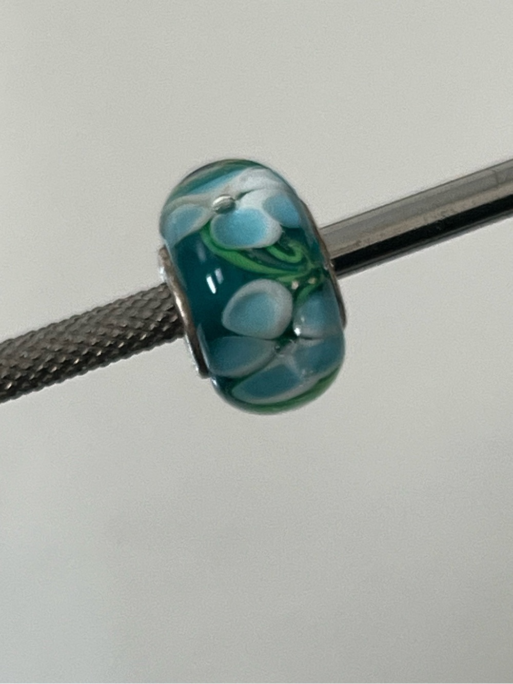 925 Silver Murano Glass Slider Bead- Blue Flowers